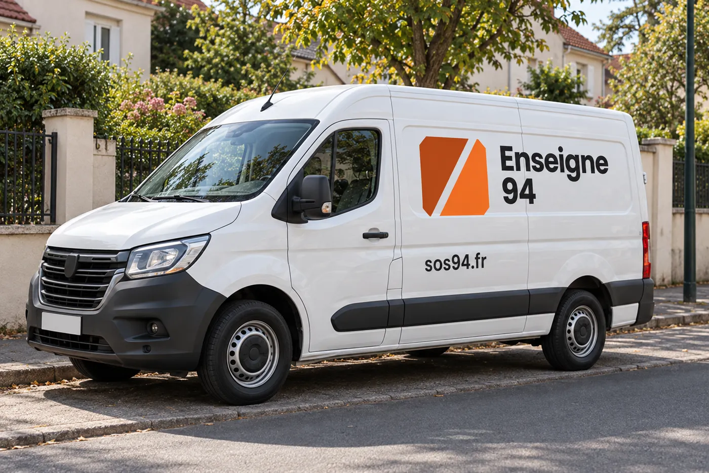 Camionnette d'atelier Enseigne 94 garée dans une rue pavillonnaire du Val-de-Marne