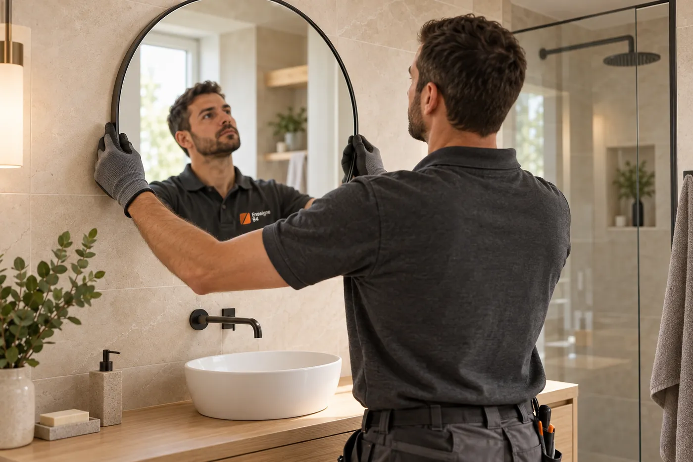 Vitrier posant un miroir rond sur mesure au-dessus d'un meuble vasque dans une salle de bains