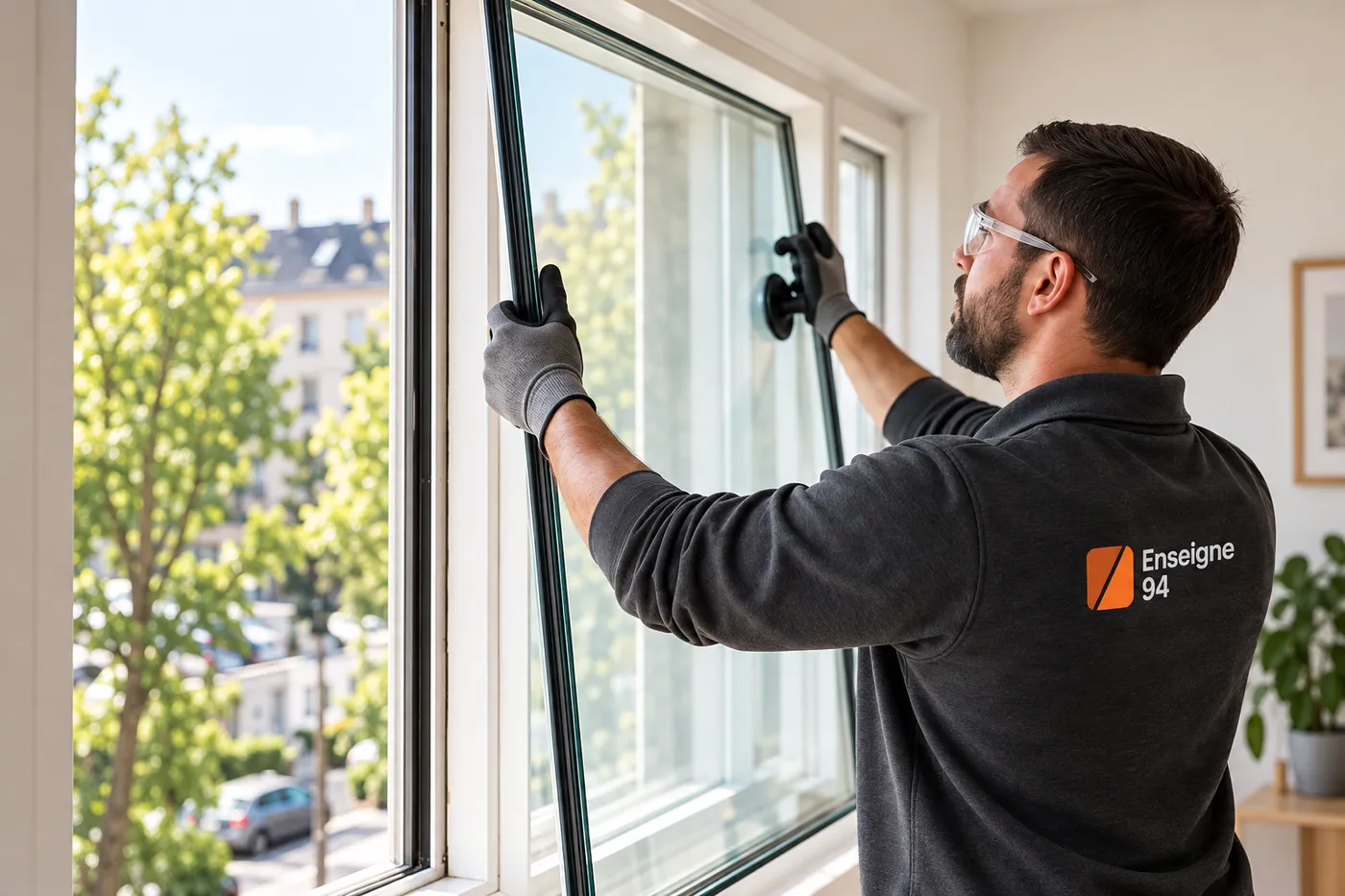 Vitrier d'Enseigne 94 posant un double vitrage à la ventouse dans un appartement du Val-de-Marne